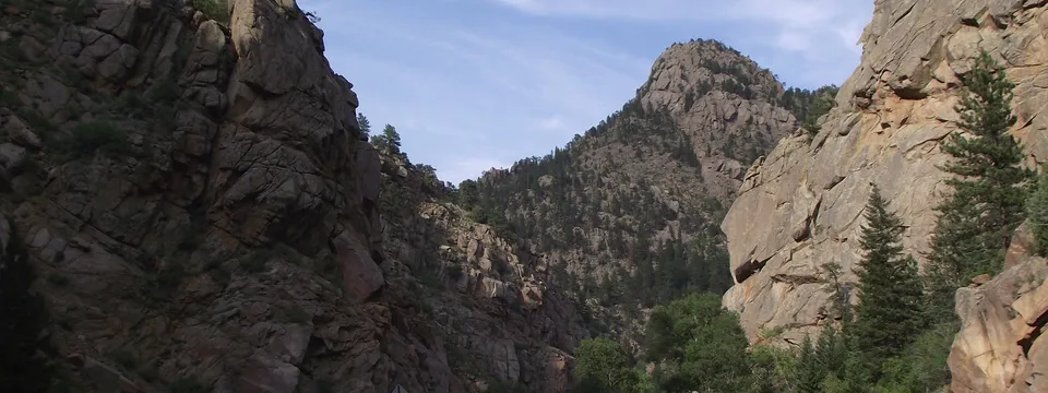 Colorado 7 winding between red sandstone walls in the South St. Vrain canyon above Lyons